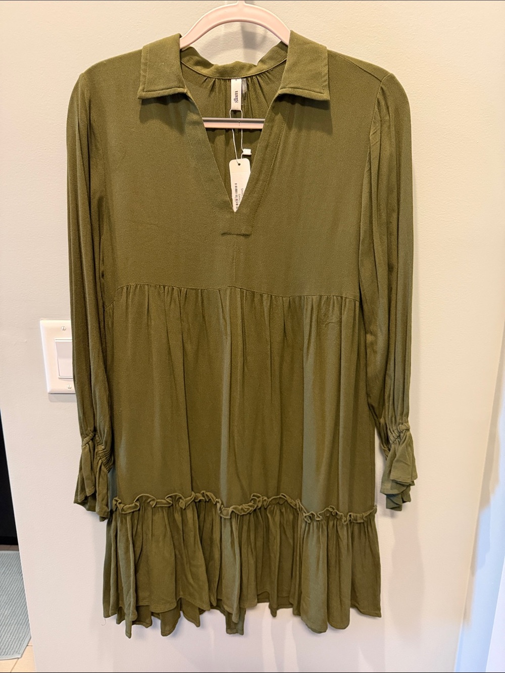 glam Olive Tiered Long-Sleeve Tunic Dress